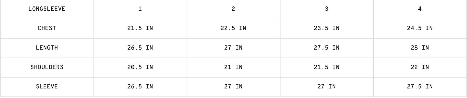 BUFFING LONG SLEEVE 1 size guide