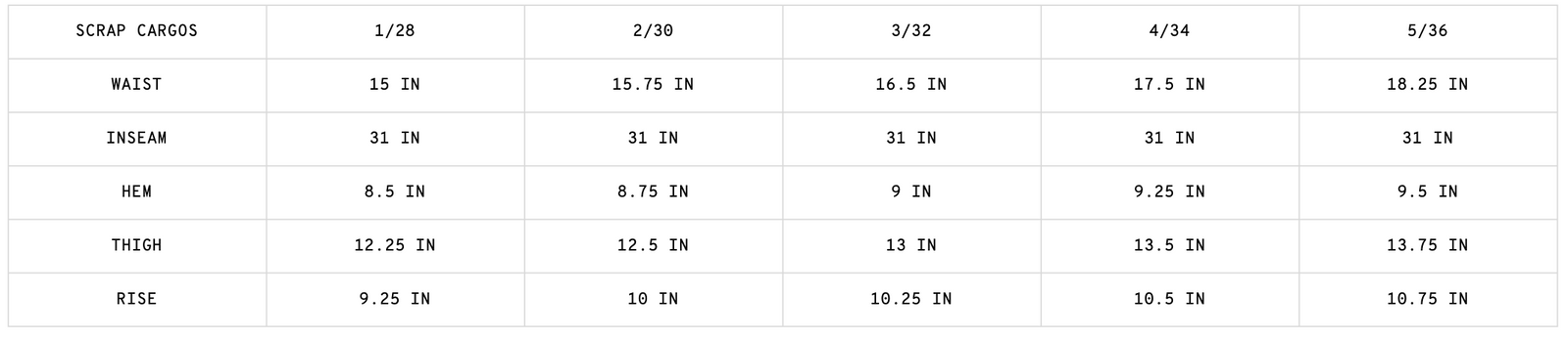 SCRAP CARGOS BRICK size guide