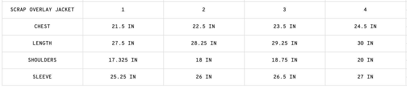 OVERLAY JACKET BLACK SCRAP size guide