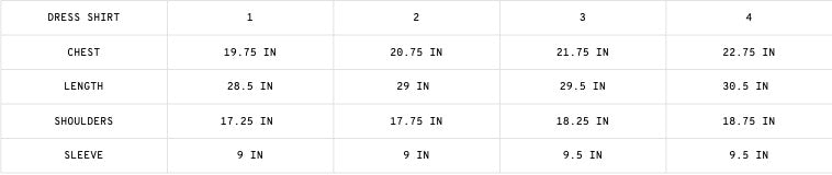 BUFFING WORK SHIRT CHARCOAL size guide